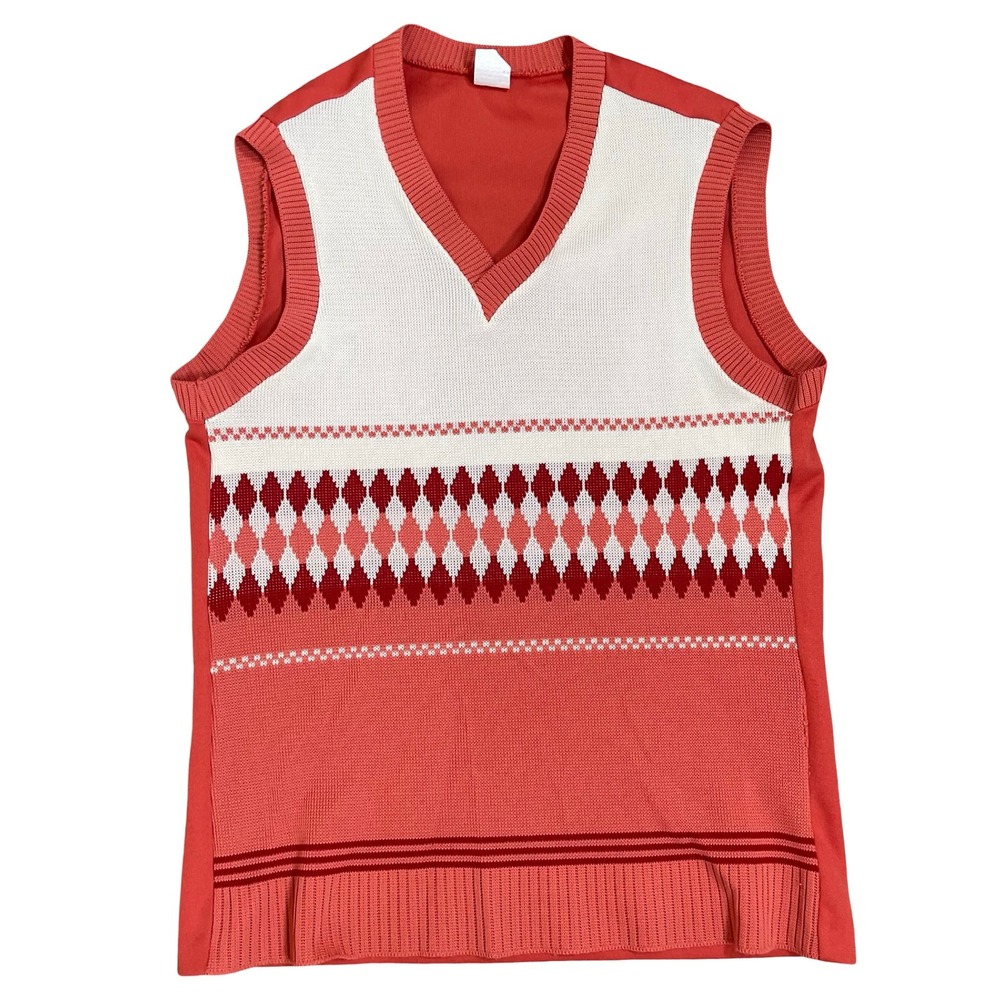 Vintage Argyle Sweater Vest S Orange White 1970s‎ Retro Academia School Girl